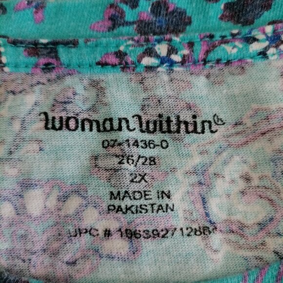 Woman Within Womens Teal Blue Round Neck Paisley Print Tunic T-Shirt Size 2X - Picture 5 of 7